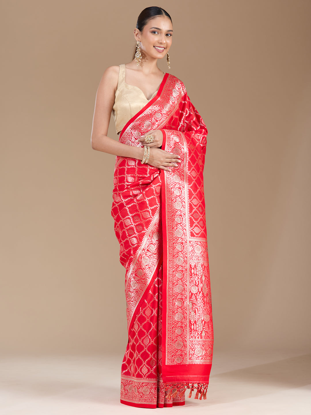 Red Silk Jaal Stonework Saree With Matching Blouse Piece