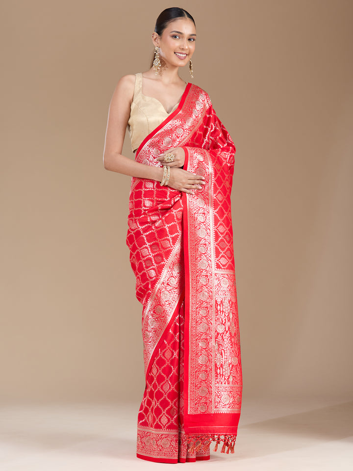 Red Silk Jaal Stonework Saree With Matching Blouse Piece