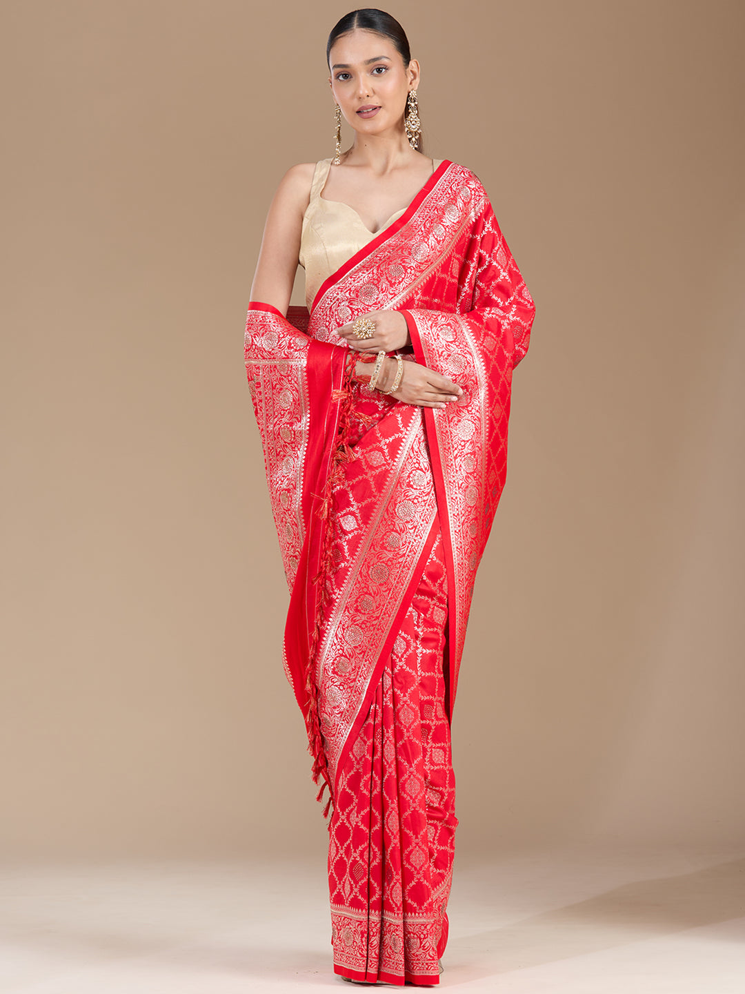 Red Silk Jaal Stonework Saree With Matching Blouse Piece