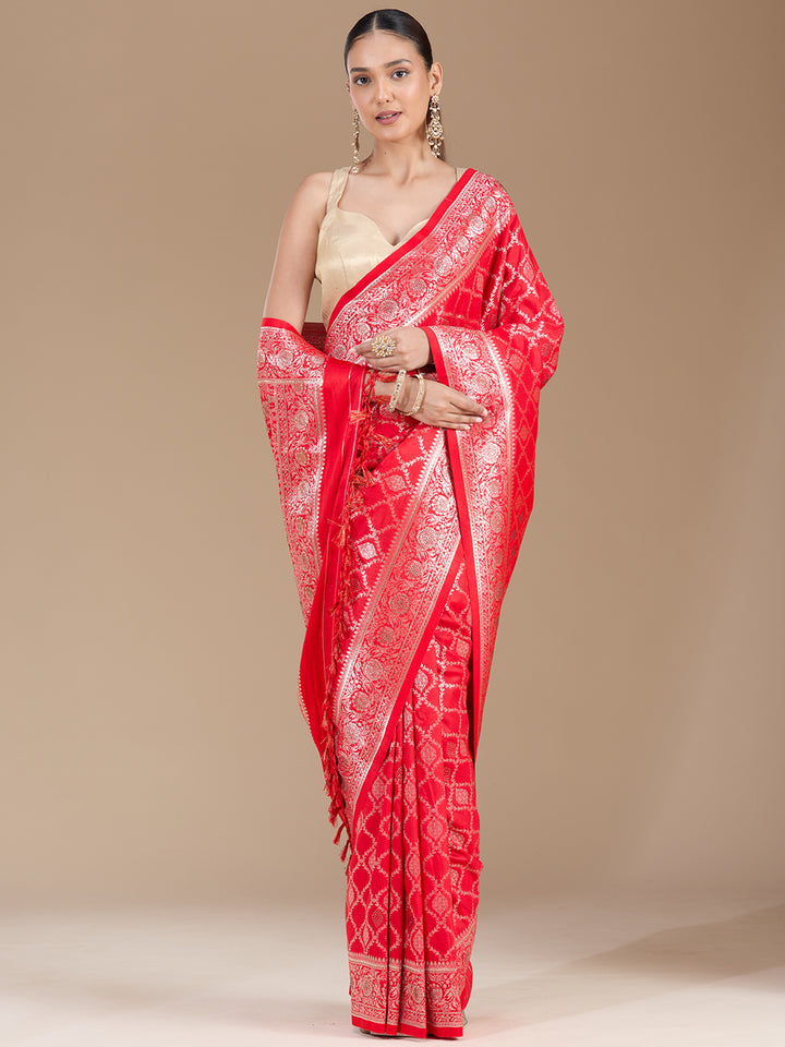 Red Silk Jaal Stonework Saree With Matching Blouse Piece
