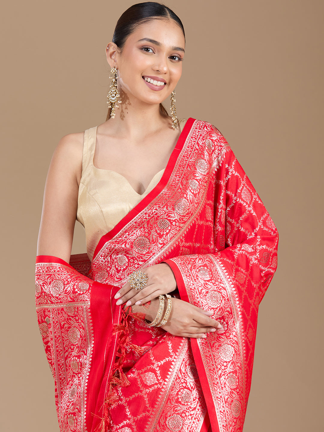 Red Silk Jaal Stonework Saree With Matching Blouse Piece