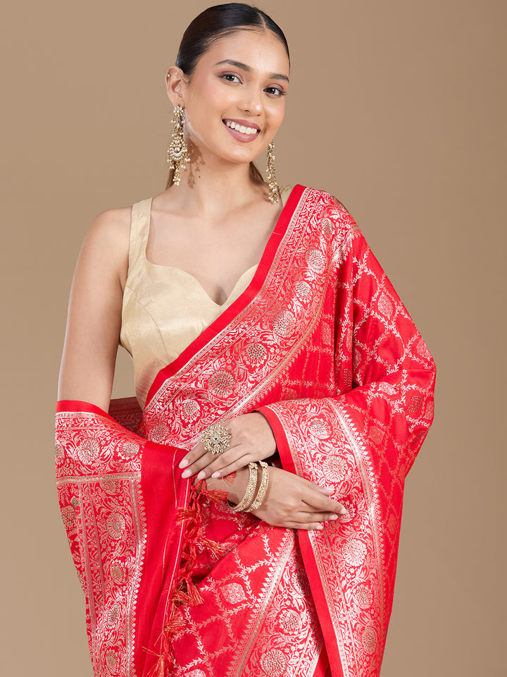 Red Silk Jaal Stonework Saree With Matching Blouse Piece