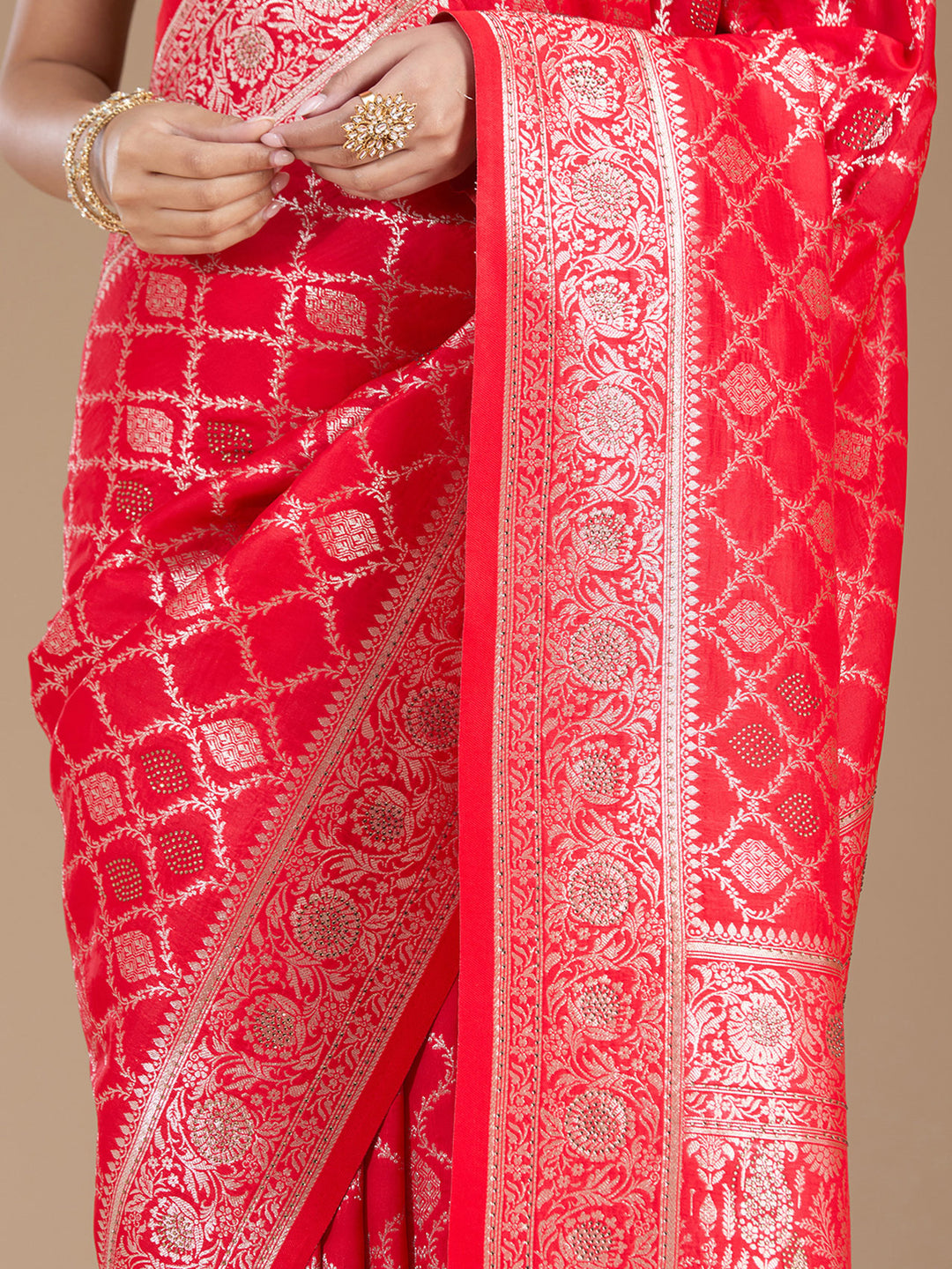 Red Silk Jaal Stonework Saree With Matching Blouse Piece