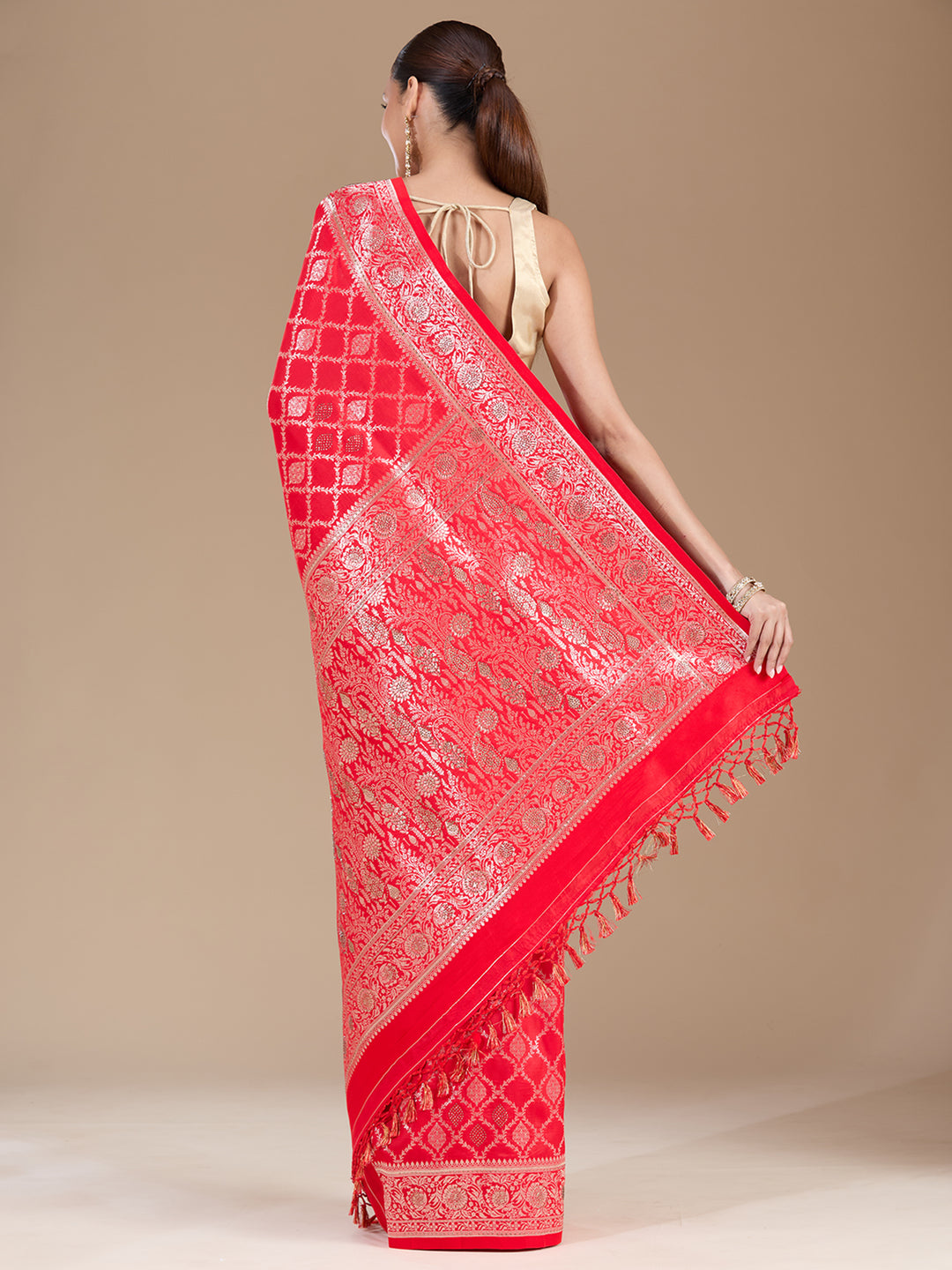 Red Silk Jaal Stonework Saree With Matching Blouse Piece