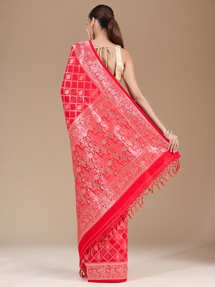 Red Silk Jaal Stonework Saree With Matching Blouse Piece