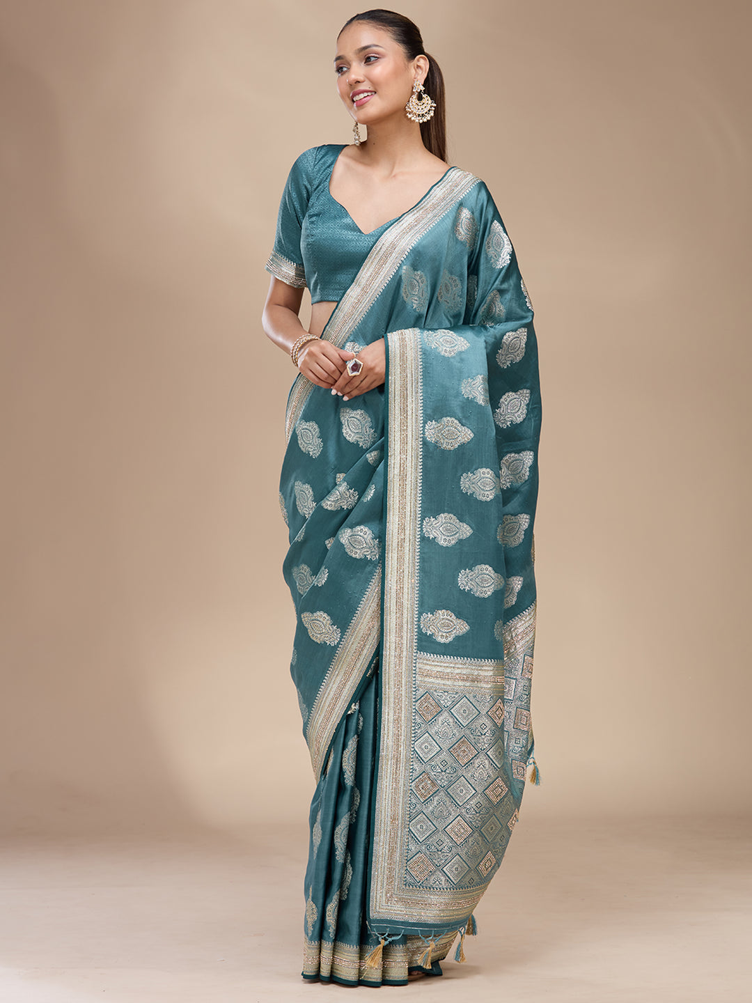 Blue Silk Buti Stonework Saree With Matching Blouse Piece