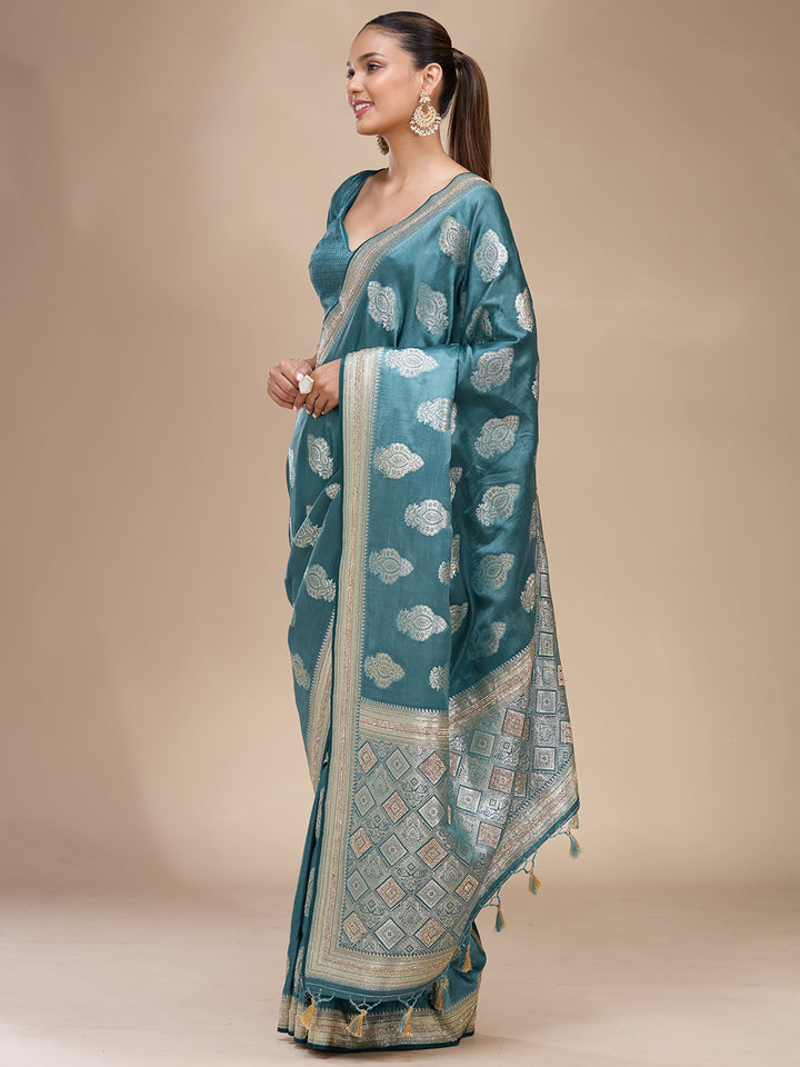 Blue Silk Buti Stonework Saree With Matching Blouse Piece