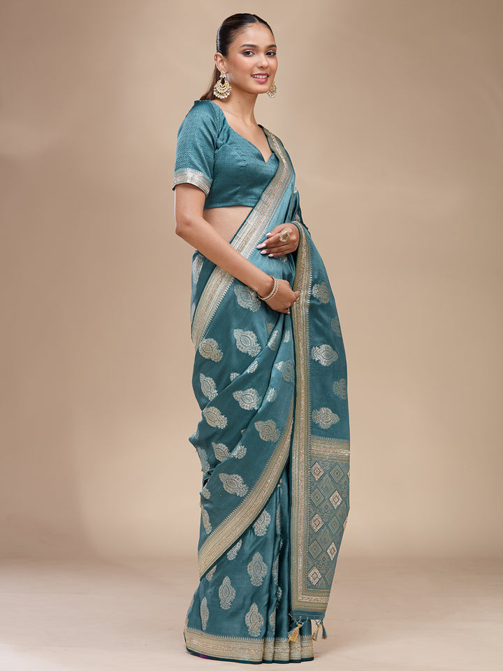 Blue Silk Buti Stonework Saree With Matching Blouse Piece