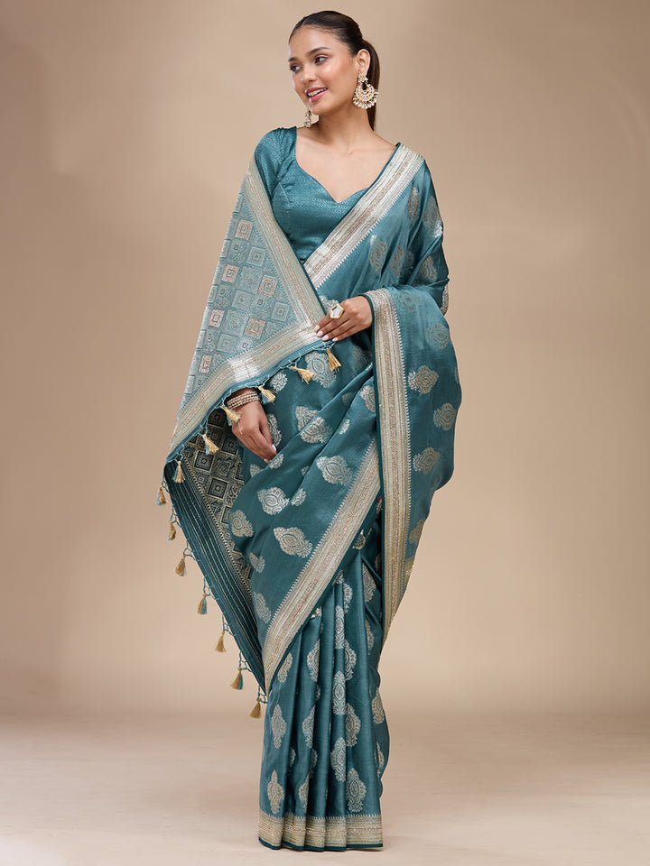 Blue Silk Buti Stonework Saree With Matching Blouse Piece