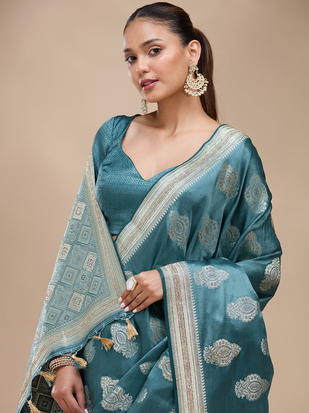 Blue Silk Buti Stonework Saree With Matching Blouse Piece