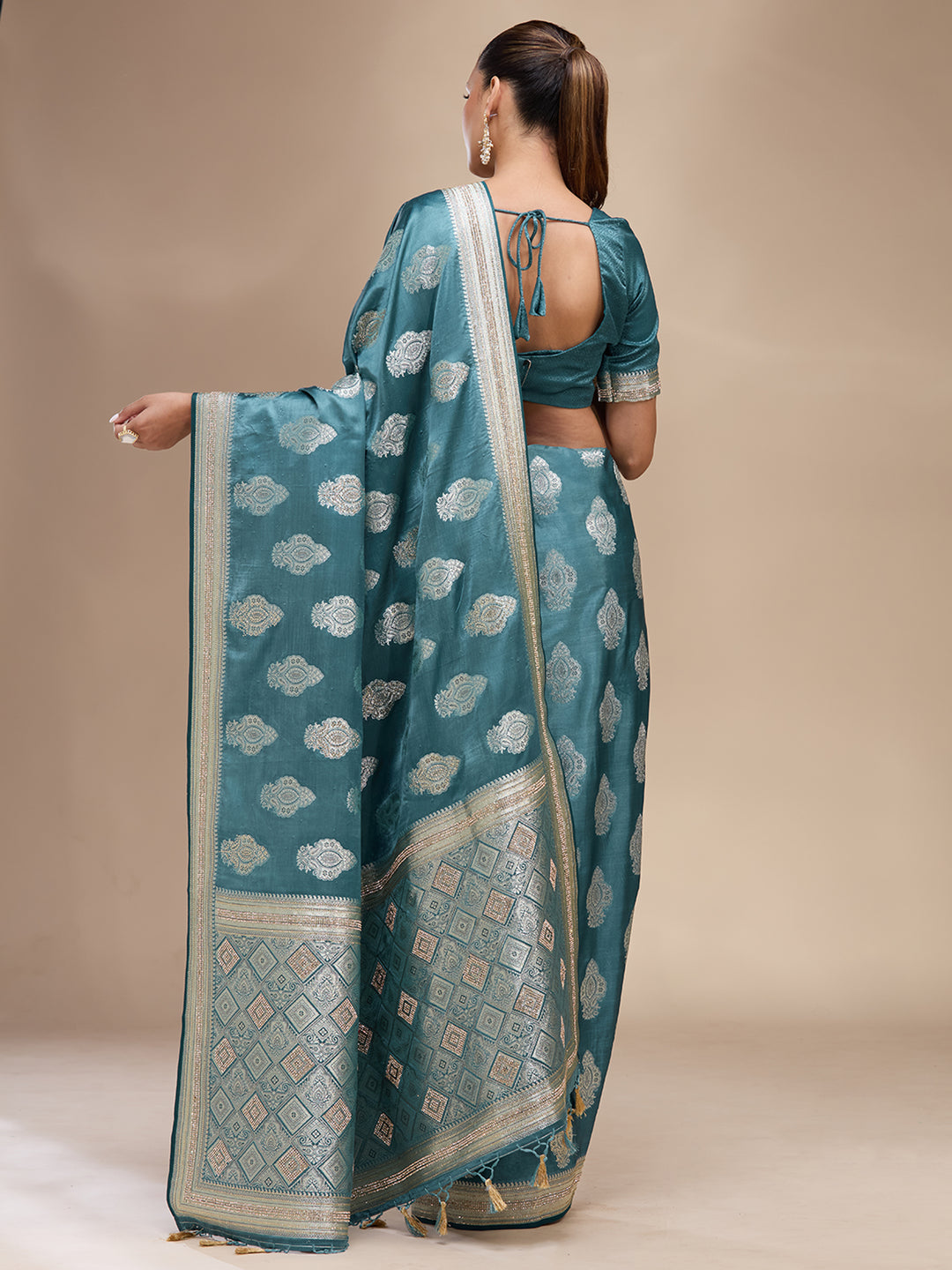 Blue Silk Buti Stonework Saree With Matching Blouse Piece