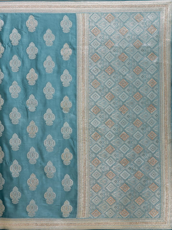 Blue Silk Buti Stonework Saree With Matching Blouse Piece