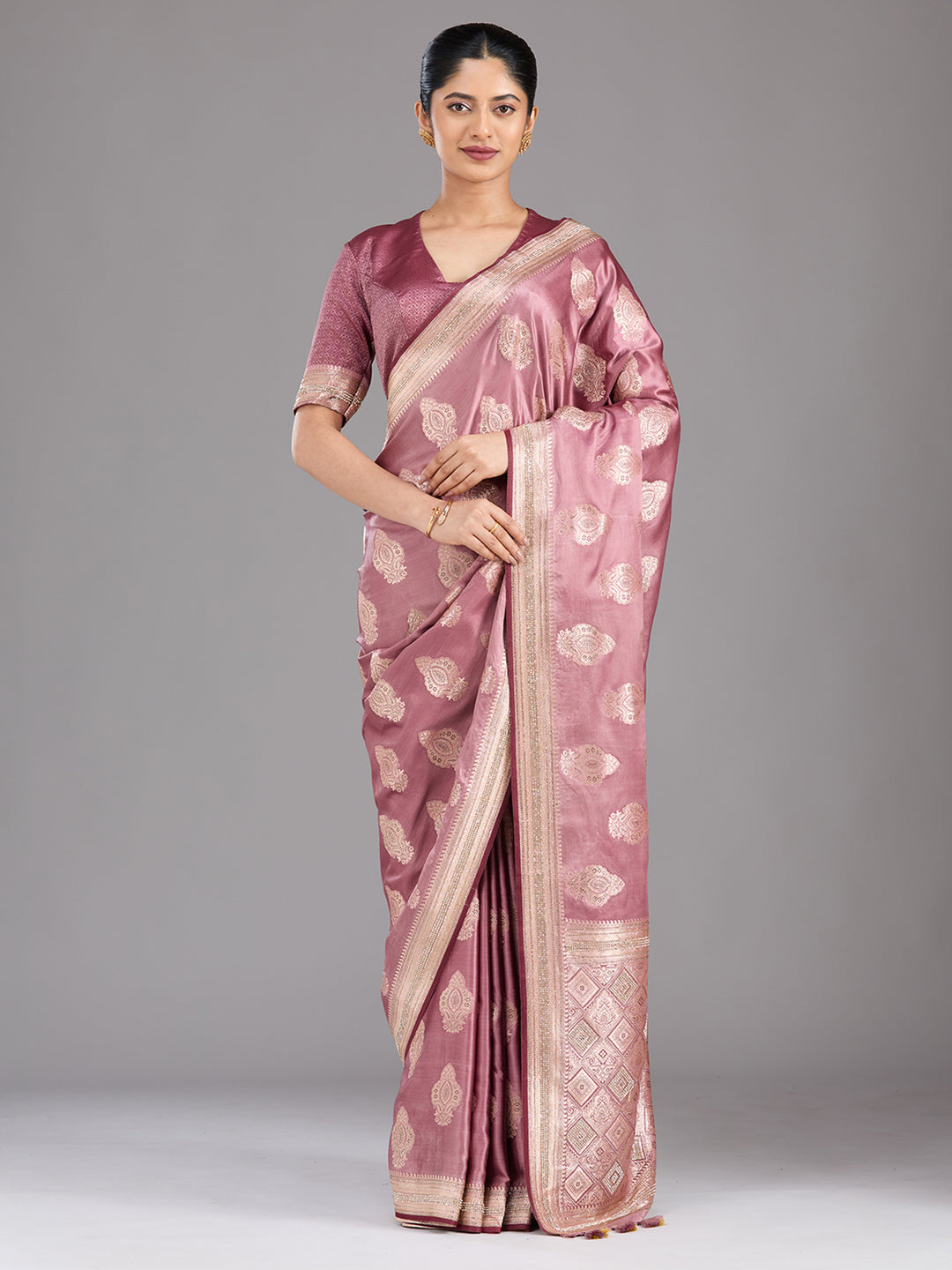 Mauve Silk Buti Gold Stonework Saree With Matching Blouse Piece