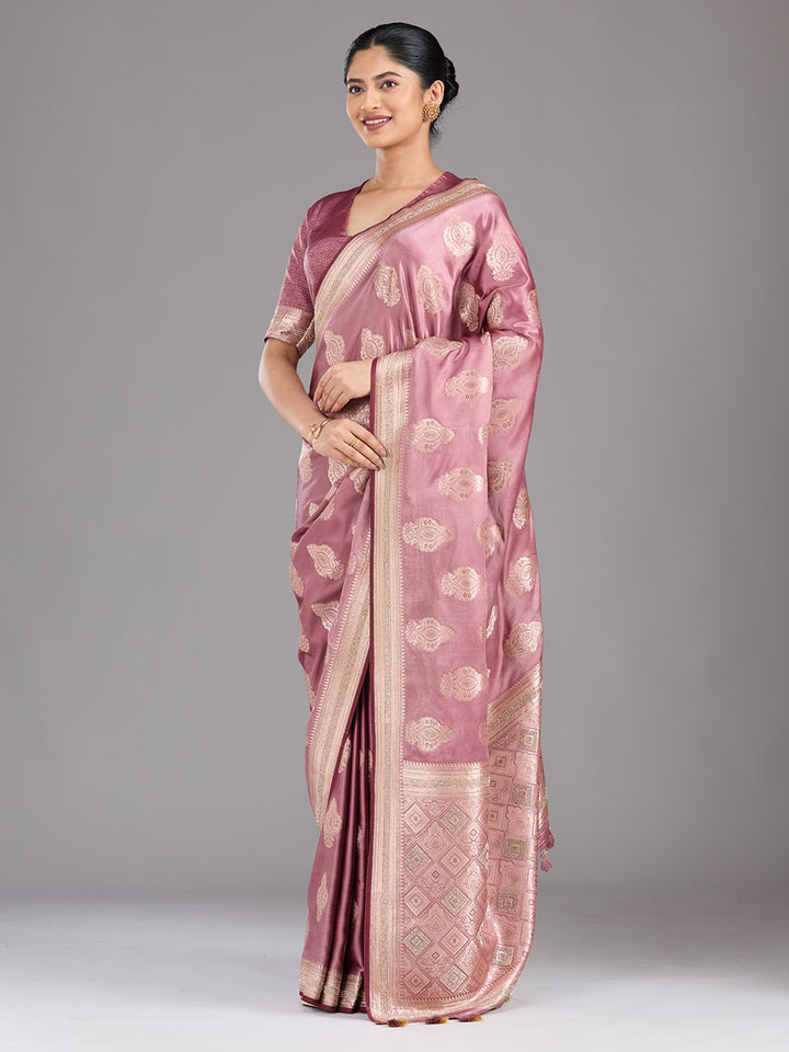 Mauve Silk Buti Gold Stonework Saree With Matching Blouse Piece