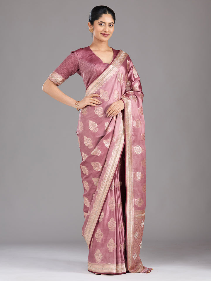 Mauve Silk Buti Gold Stonework Saree With Matching Blouse Piece