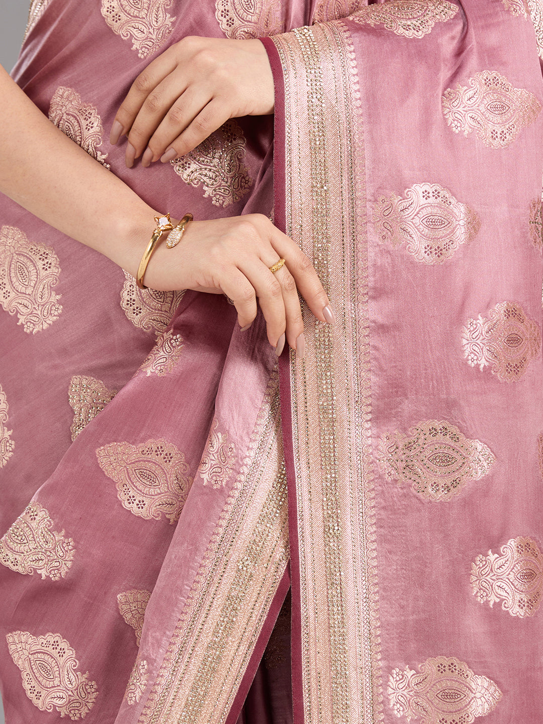 Mauve Silk Buti Gold Stonework Saree With Matching Blouse Piece