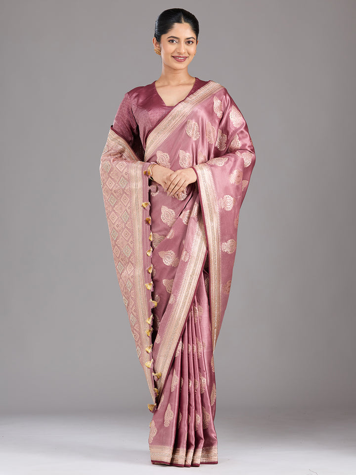 Mauve Silk Buti Gold Stonework Saree With Matching Blouse Piece