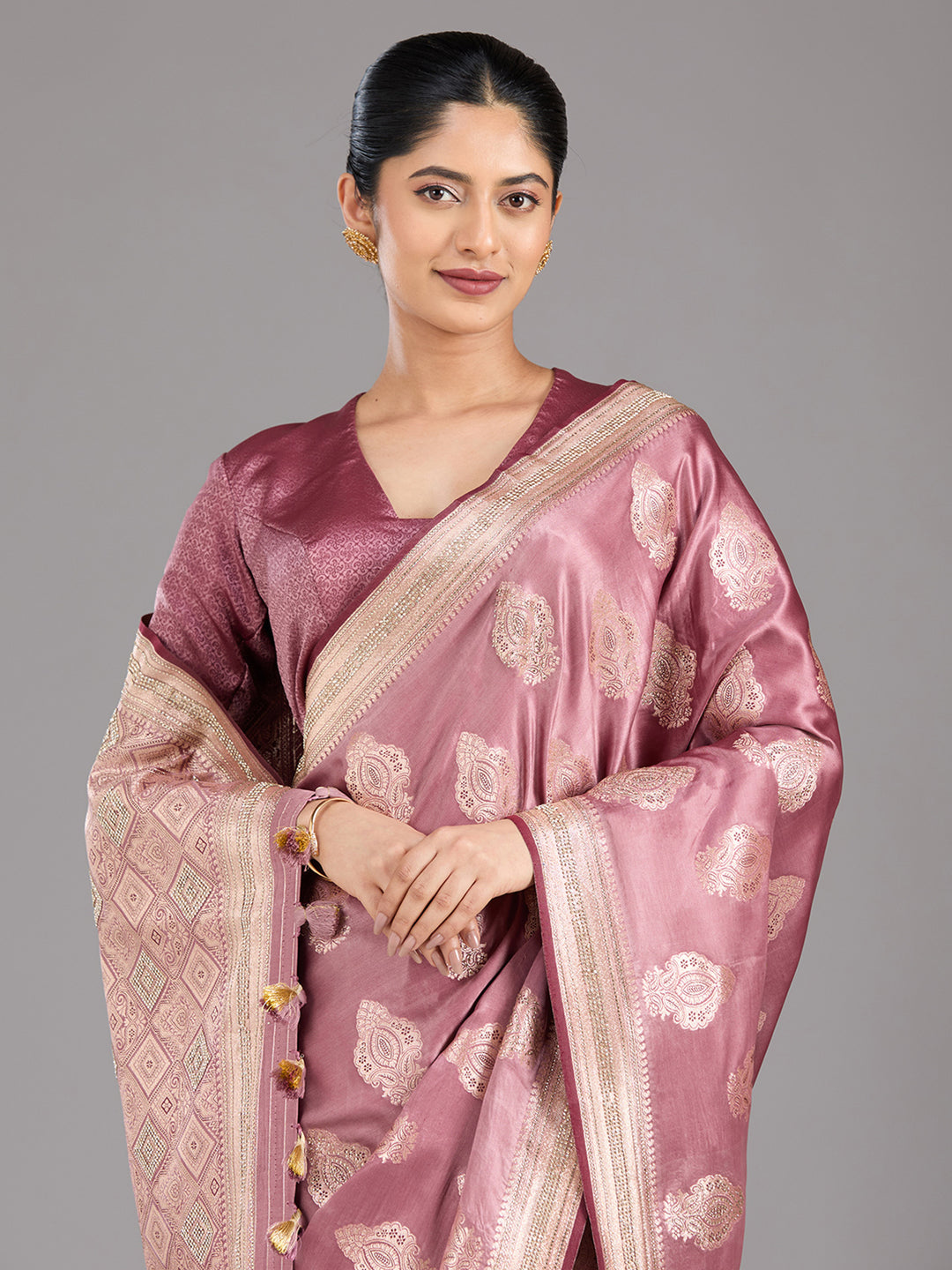 Mauve Silk Buti Gold Stonework Saree With Matching Blouse Piece