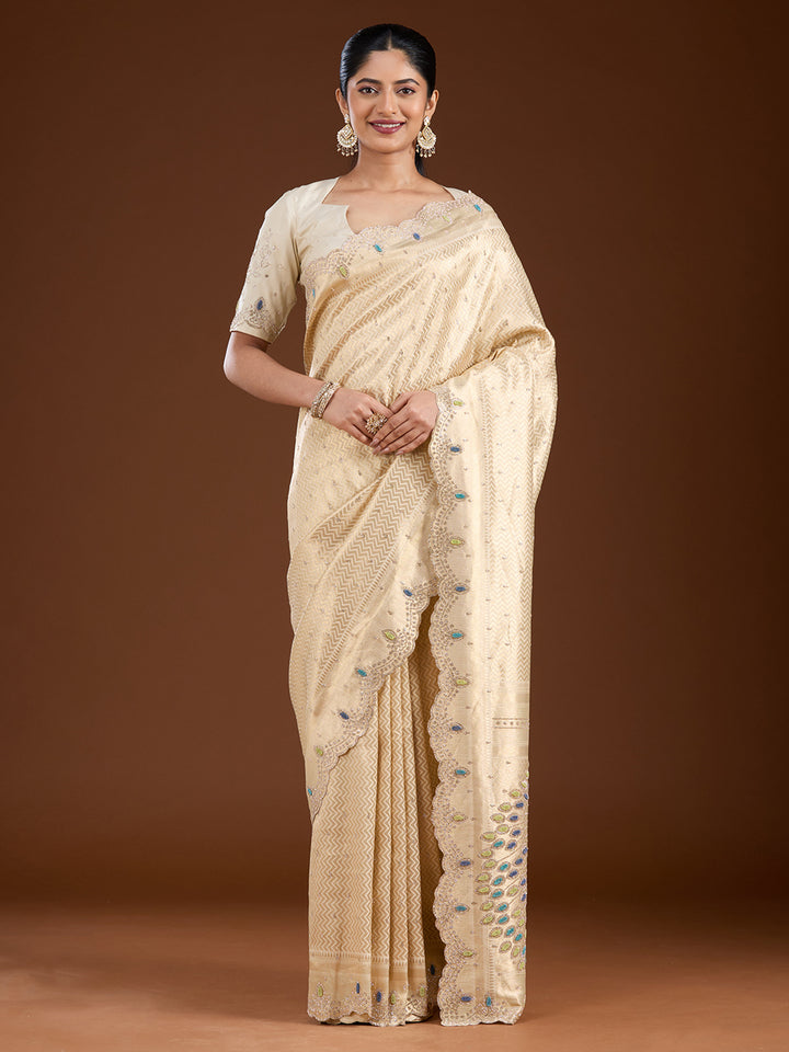 Gold Silk Buti Gold Stonework Saree With Matching Blouse Piece