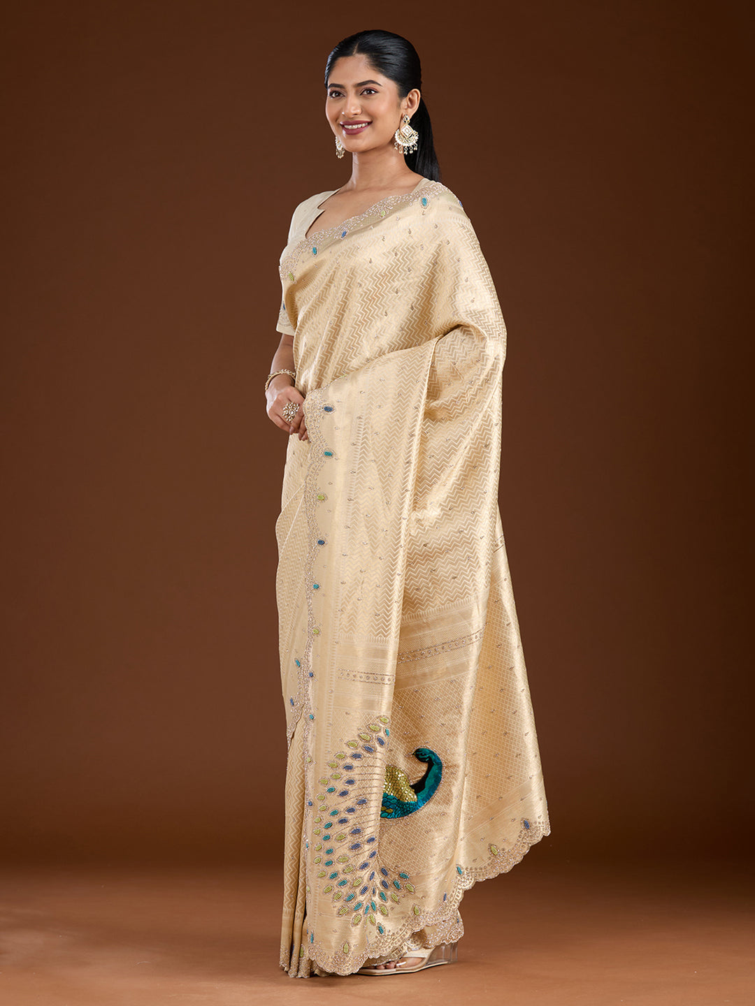Gold Silk Buti Gold Stonework Saree With Matching Blouse Piece