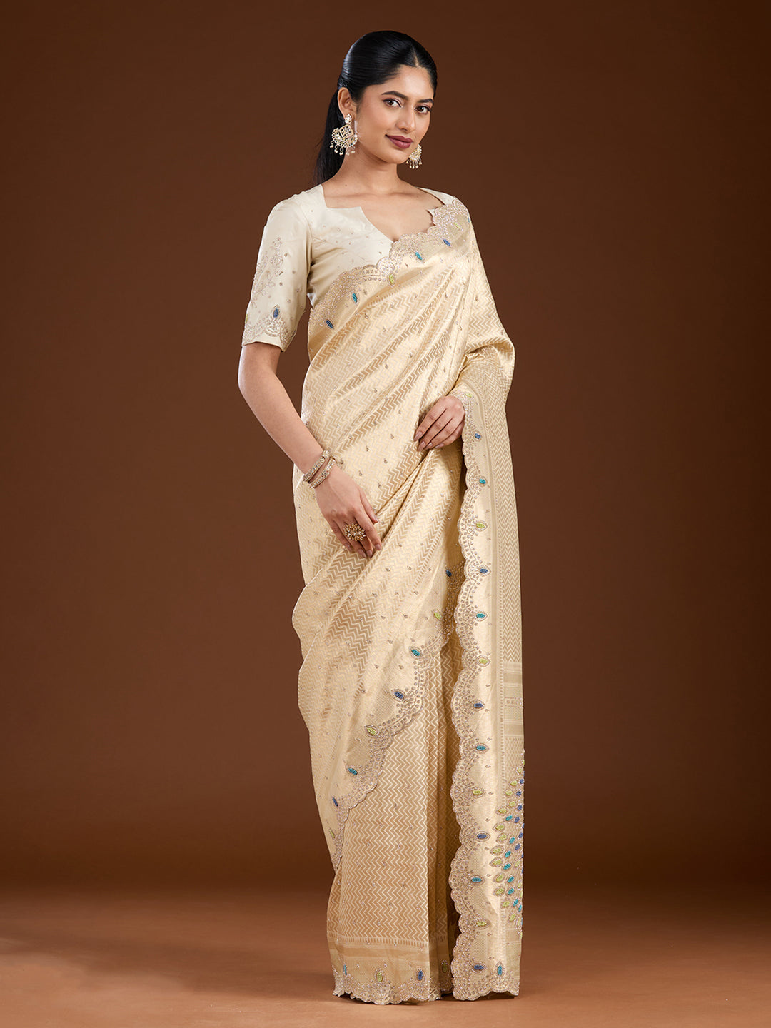 Gold Silk Buti Gold Stonework Saree With Matching Blouse Piece