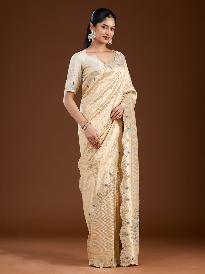 Gold Silk Buti Gold Stonework Saree With Matching Blouse Piece