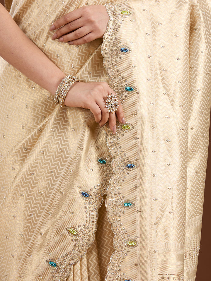 Gold Silk Buti Gold Stonework Saree With Matching Blouse Piece