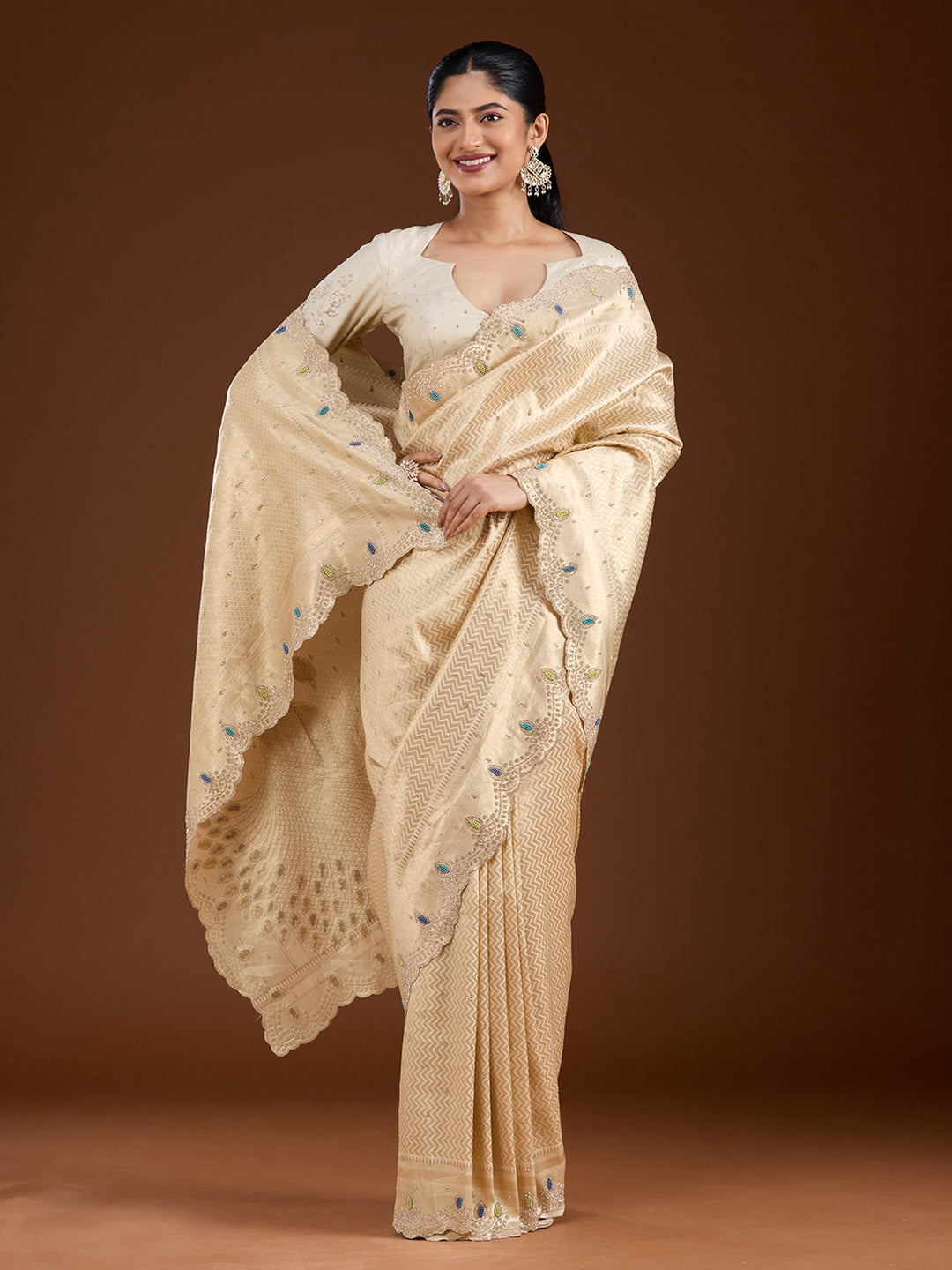 Gold Silk Buti Gold Stonework Saree With Matching Blouse Piece
