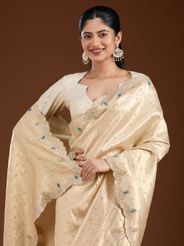 Gold Silk Buti Gold Stonework Saree With Matching Blouse Piece