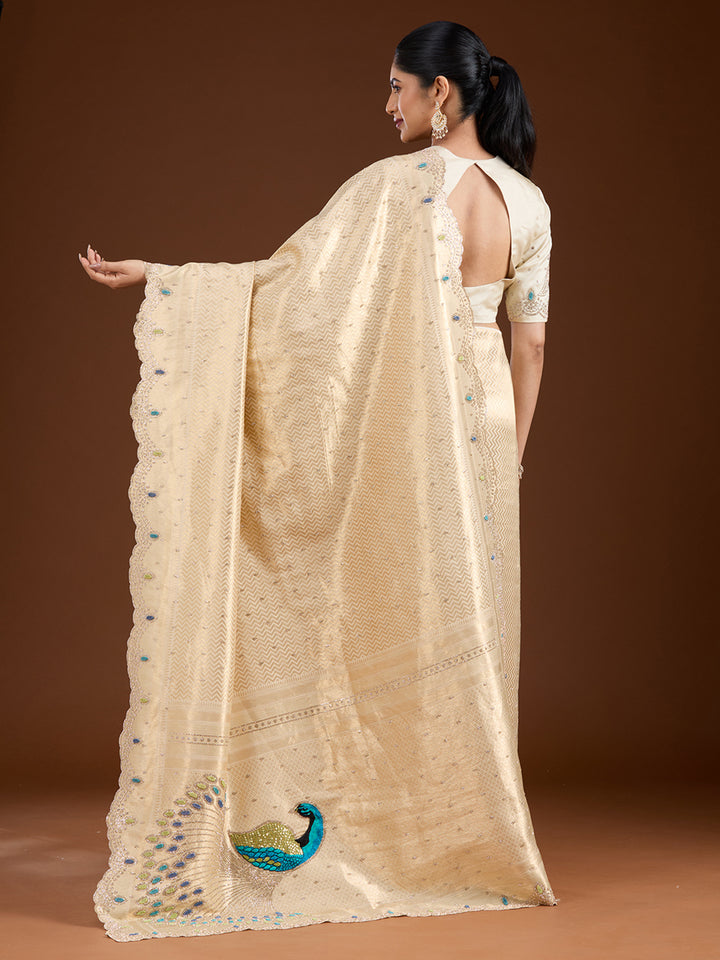 Gold Silk Buti Gold Stonework Saree With Matching Blouse Piece