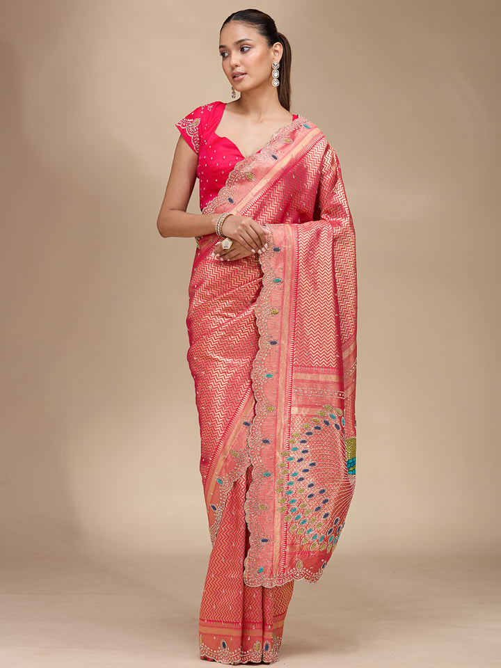 Rani Pink Silk Buti Stonework Saree With Matching Blouse Piece