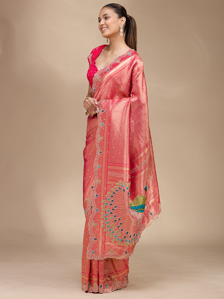 Rani Pink Silk Buti Stonework Saree With Matching Blouse Piece