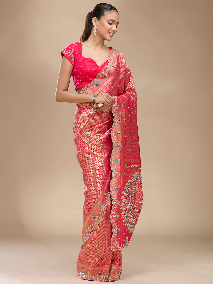 Rani Pink Silk Buti Stonework Saree With Matching Blouse Piece