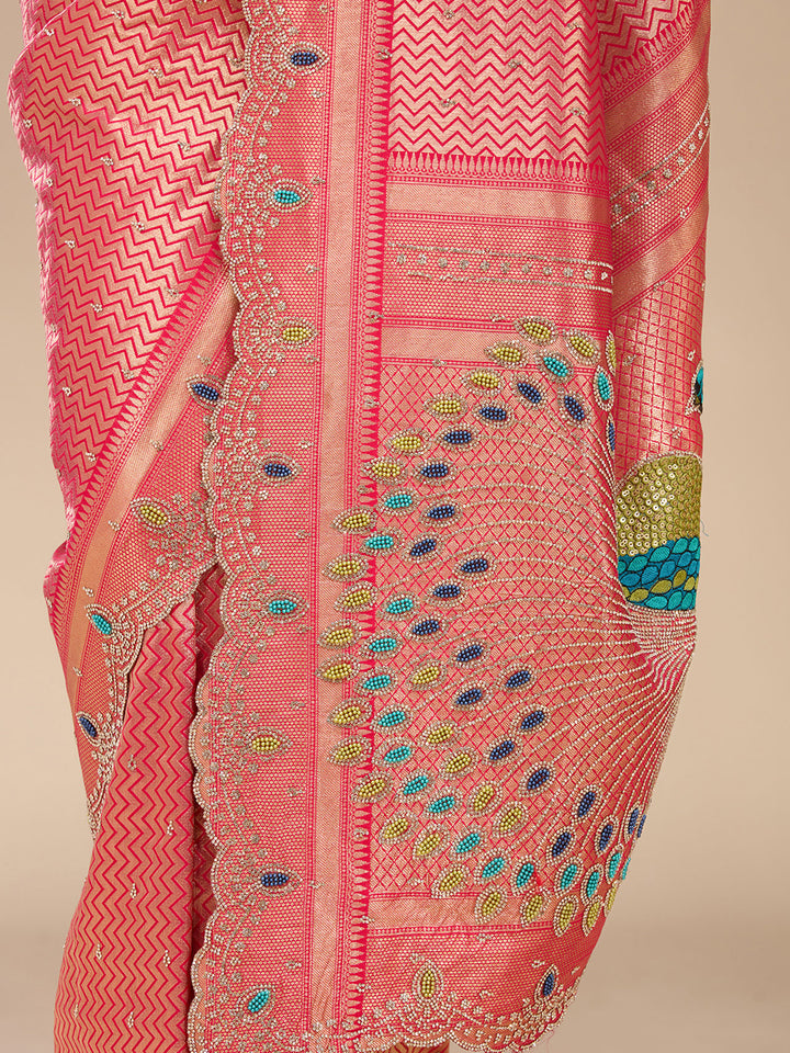 Rani Pink Silk Buti Stonework Saree With Matching Blouse Piece