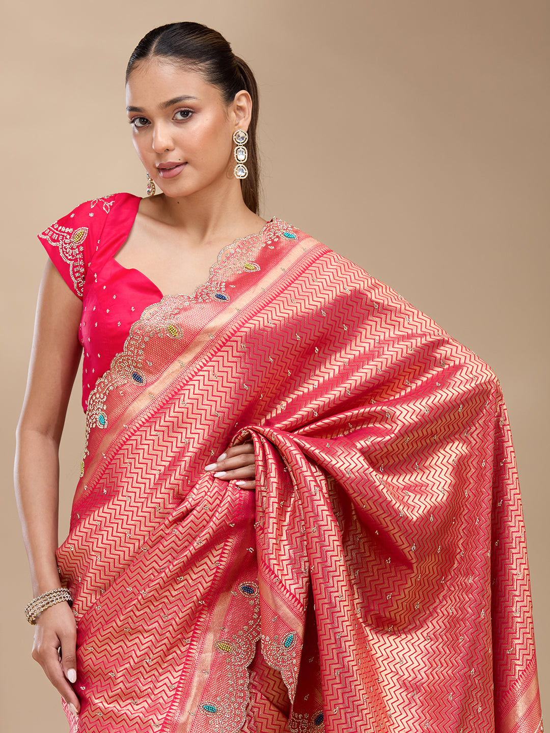 Rani Pink Silk Buti Stonework Saree With Matching Blouse Piece
