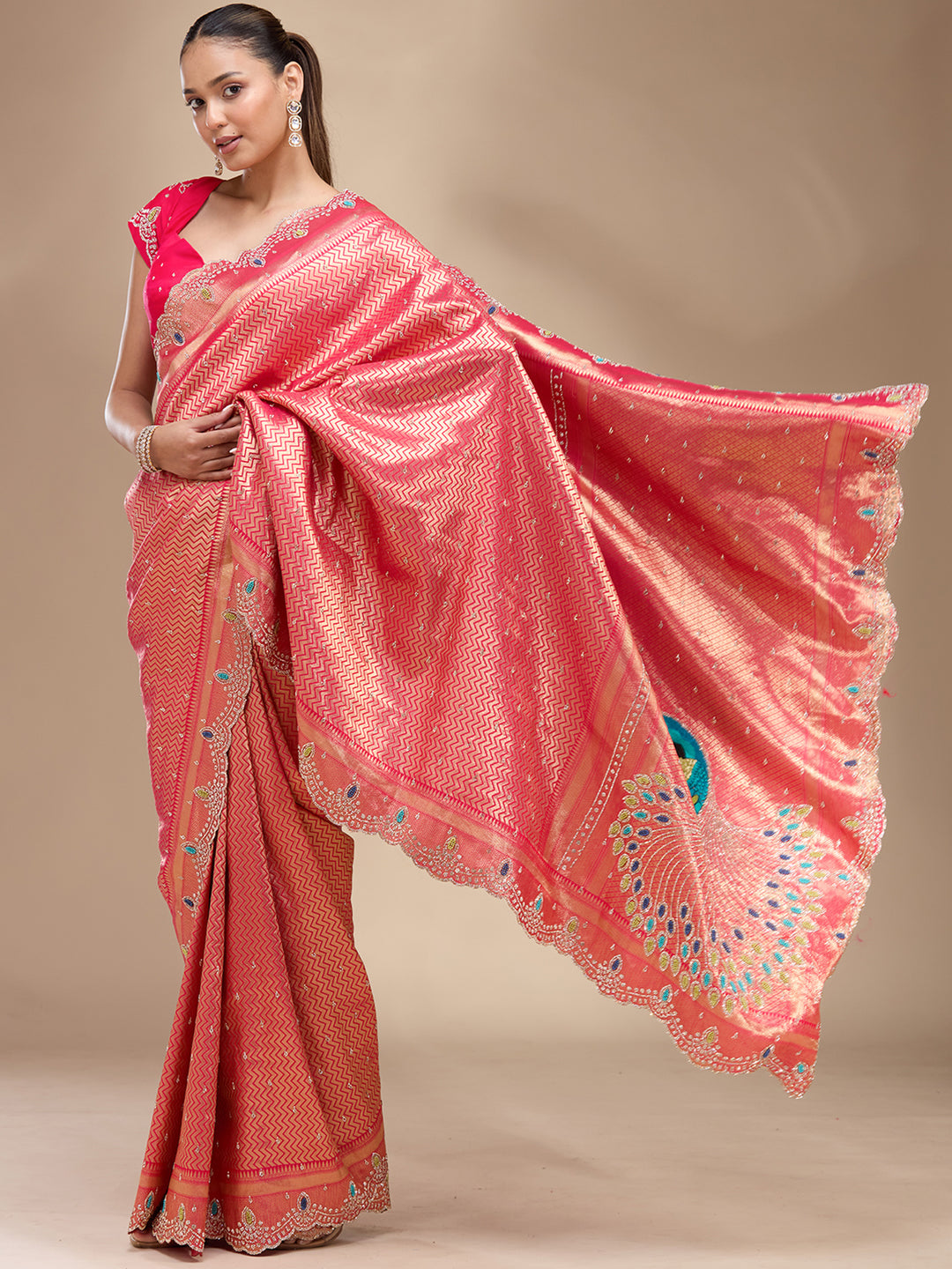Rani Pink Silk Buti Stonework Saree With Matching Blouse Piece