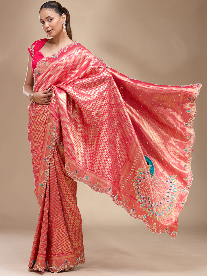 Rani Pink Silk Buti Stonework Saree With Matching Blouse Piece