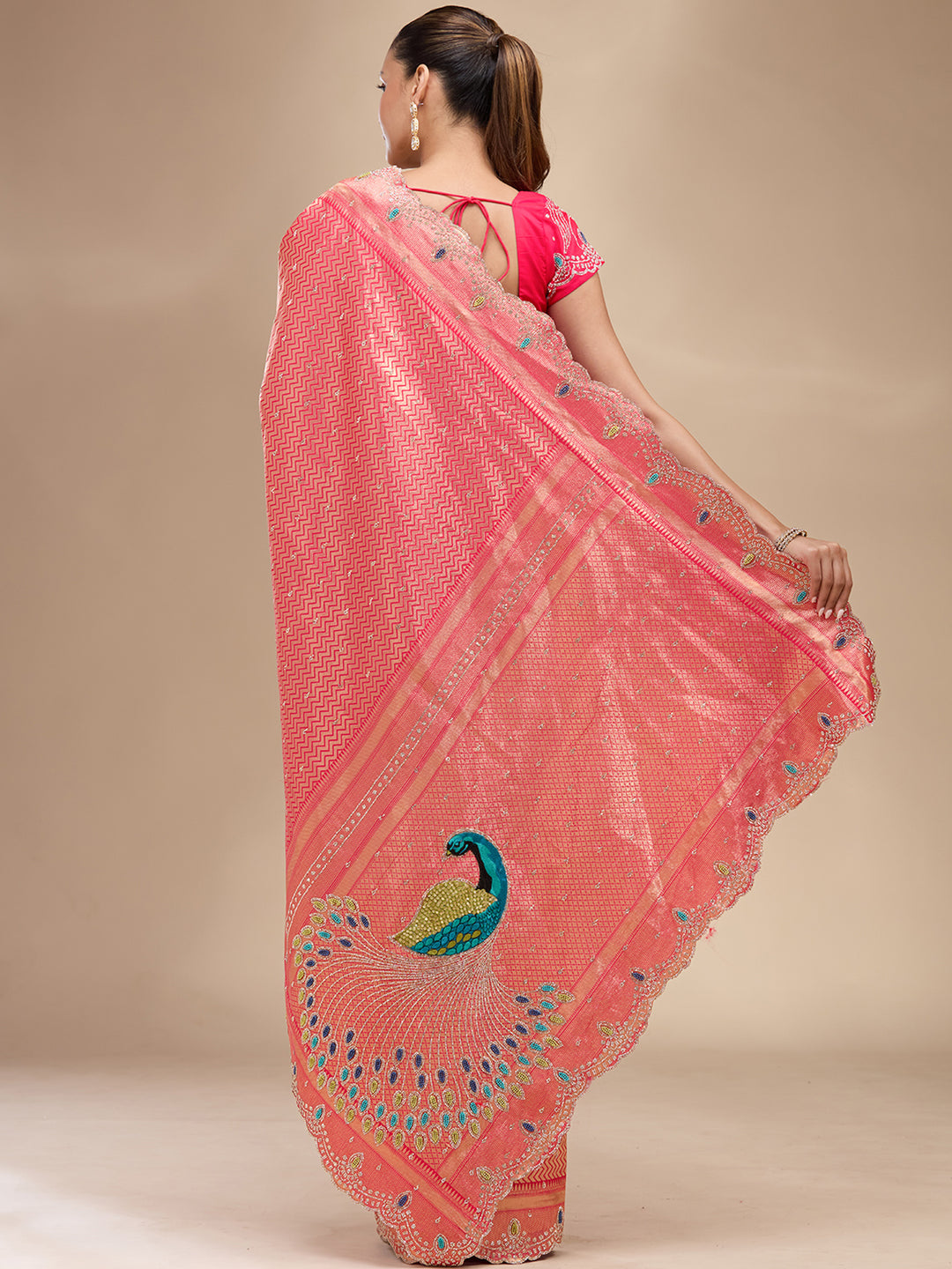Rani Pink Silk Buti Stonework Saree With Matching Blouse Piece