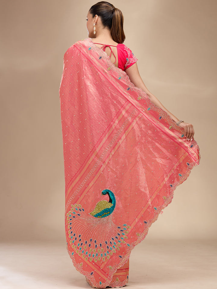 Rani Pink Silk Buti Stonework Saree With Matching Blouse Piece