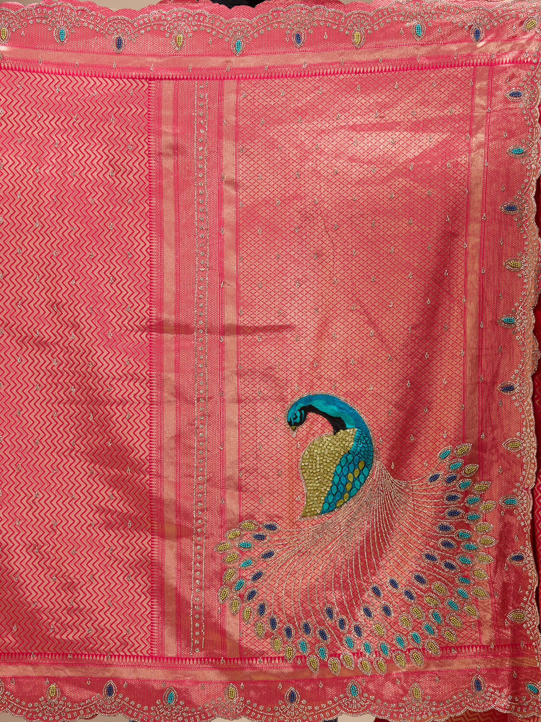 Rani Pink Silk Buti Stonework Saree With Matching Blouse Piece