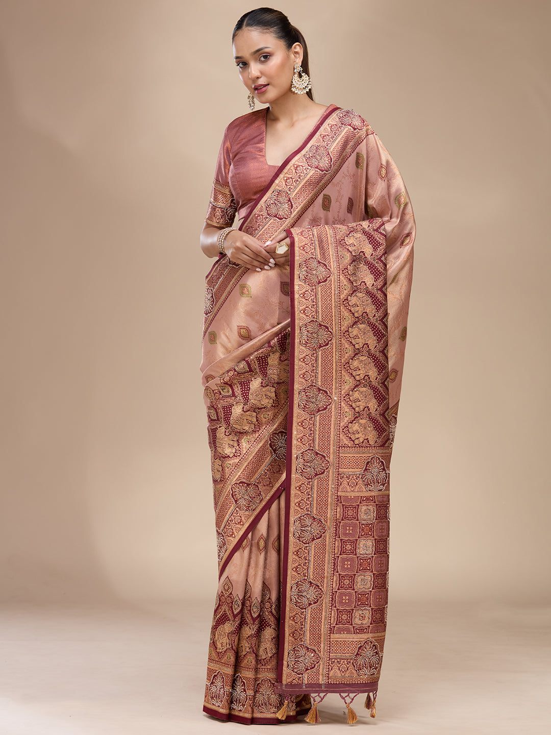 Baby Pink Silk Buti Stonework Saree With Matching Blouse Piece