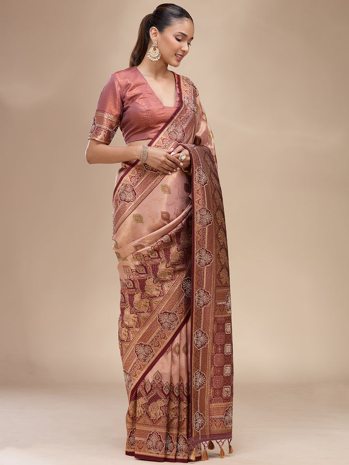 Baby Pink Silk Buti Stonework Saree With Matching Blouse Piece