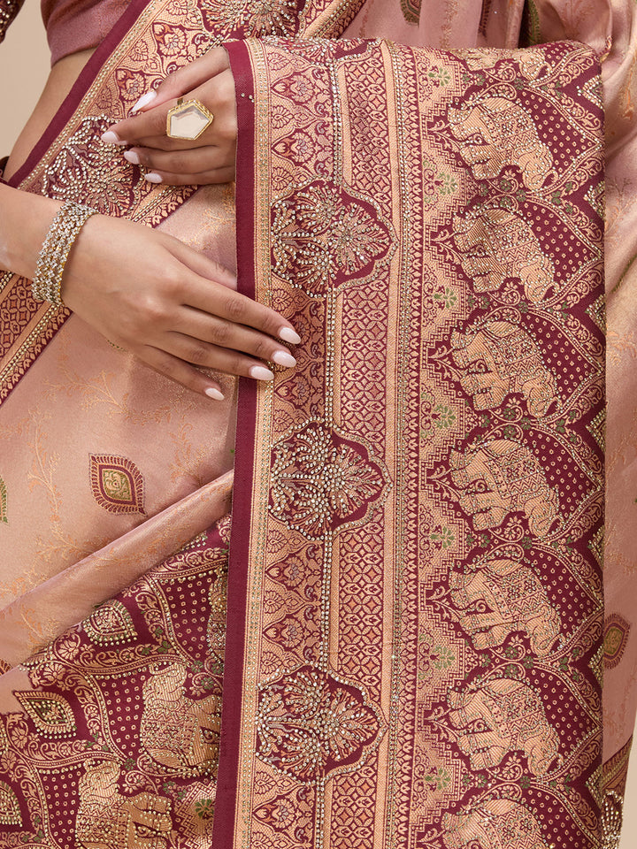 Baby Pink Silk Buti Stonework Saree With Matching Blouse Piece