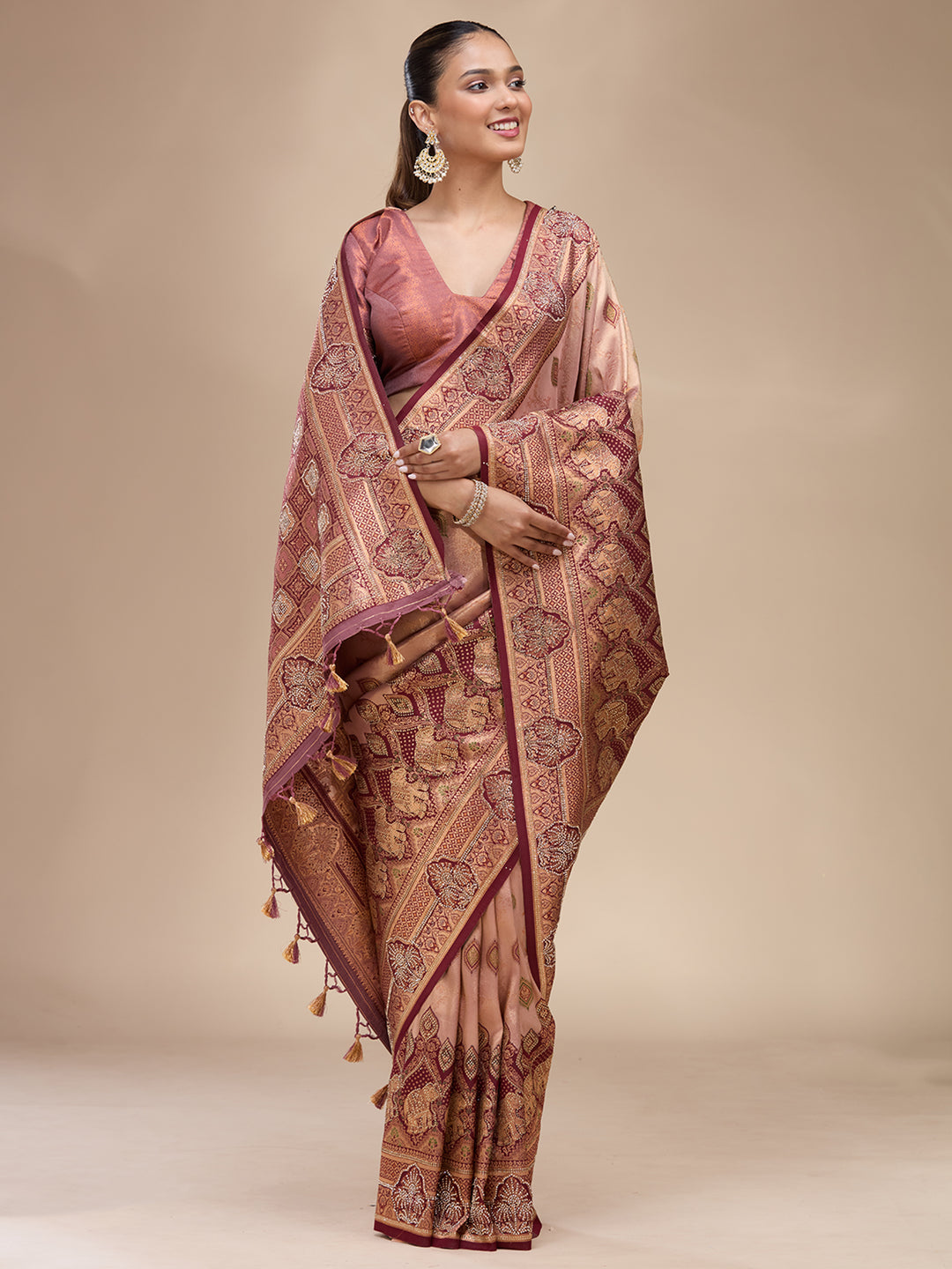 Baby Pink Silk Buti Stonework Saree With Matching Blouse Piece