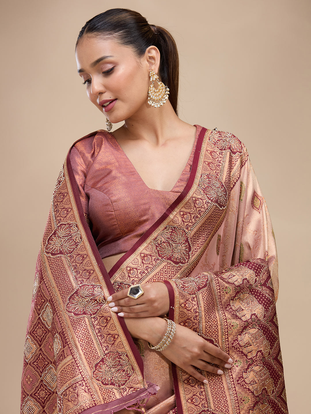Baby Pink Silk Buti Stonework Saree With Matching Blouse Piece