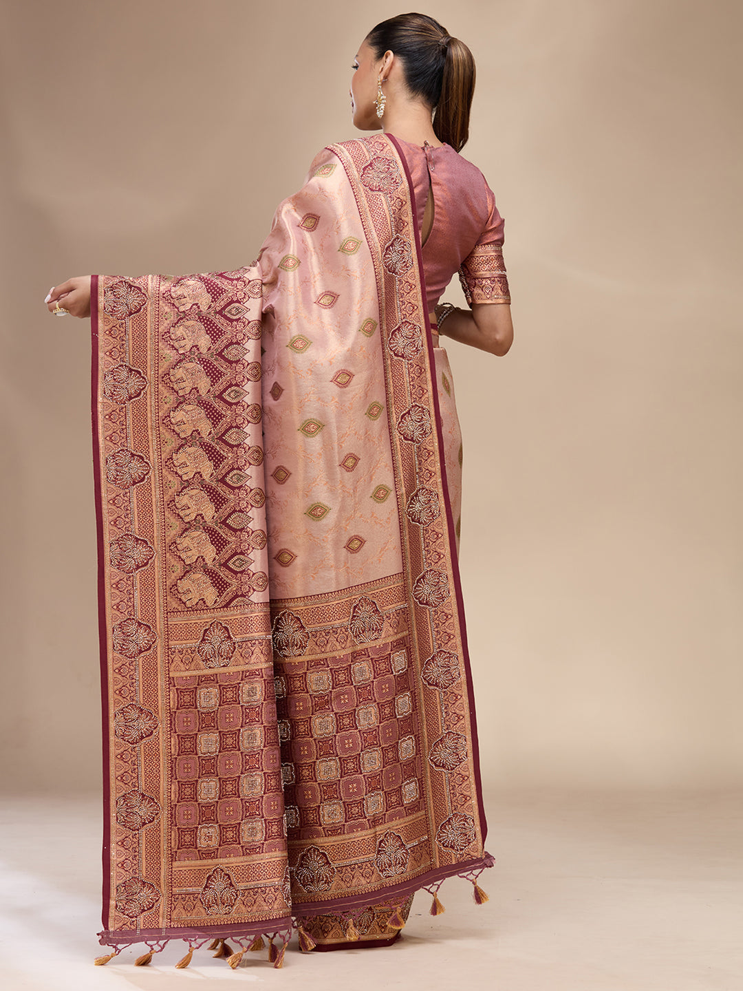 Baby Pink Silk Buti Stonework Saree With Matching Blouse Piece