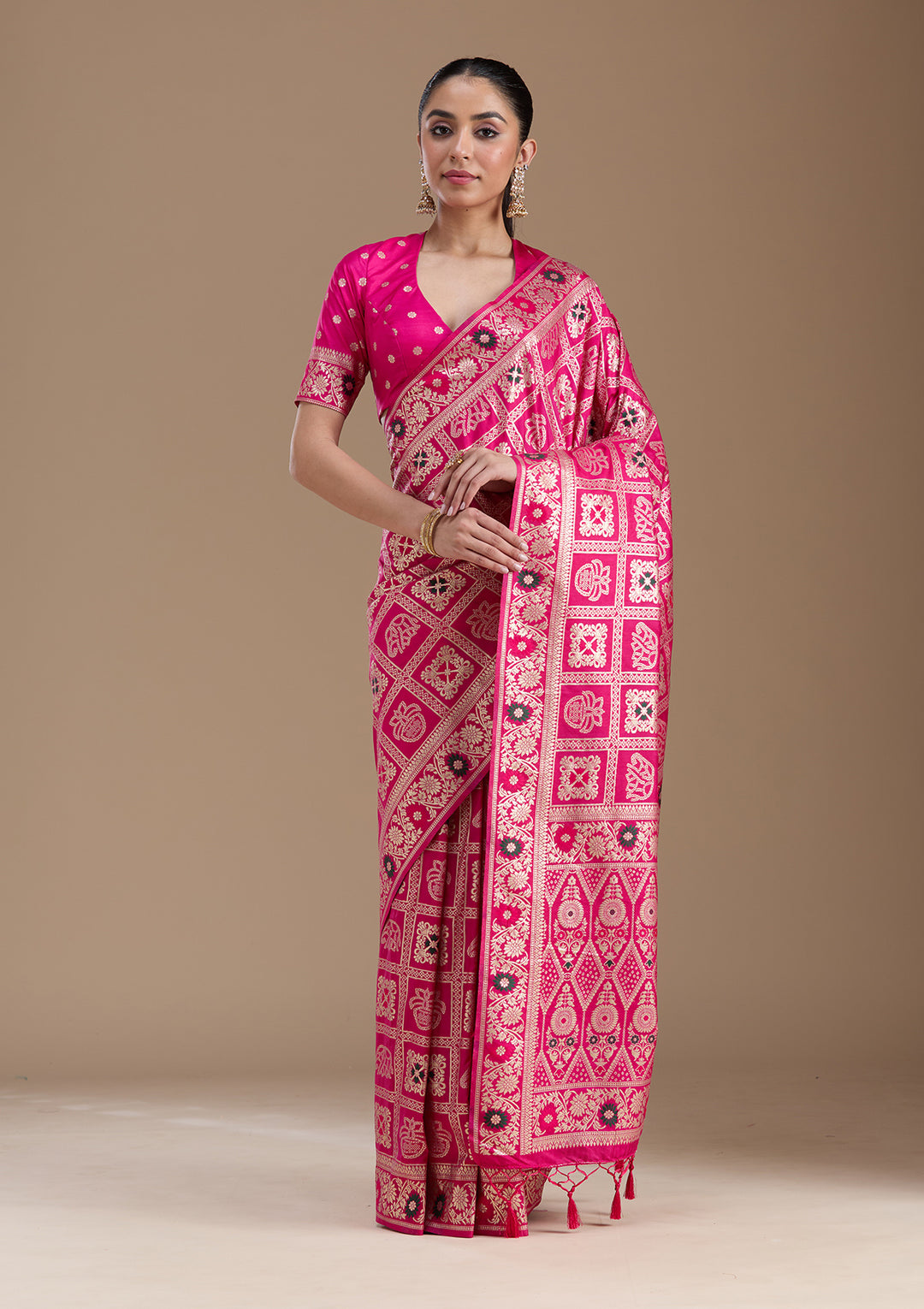 Magenta Pink Silk Jaal Saree With Matching Blouse Piece
