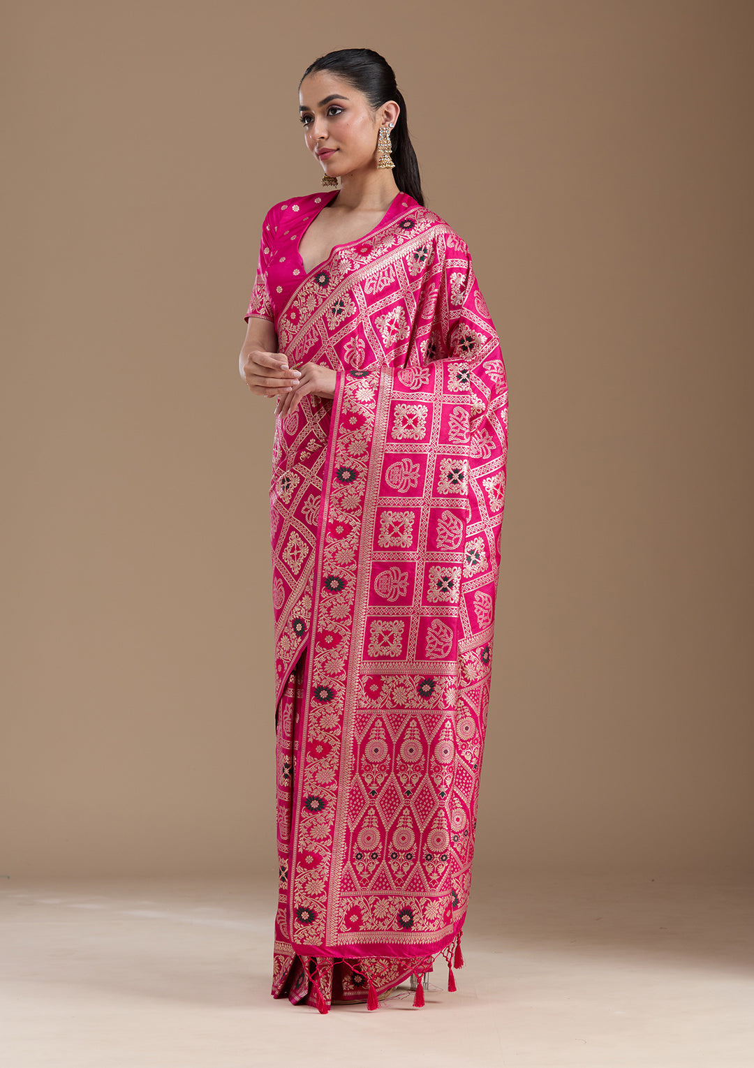 Magenta Pink Silk Jaal Saree With Matching Blouse Piece
