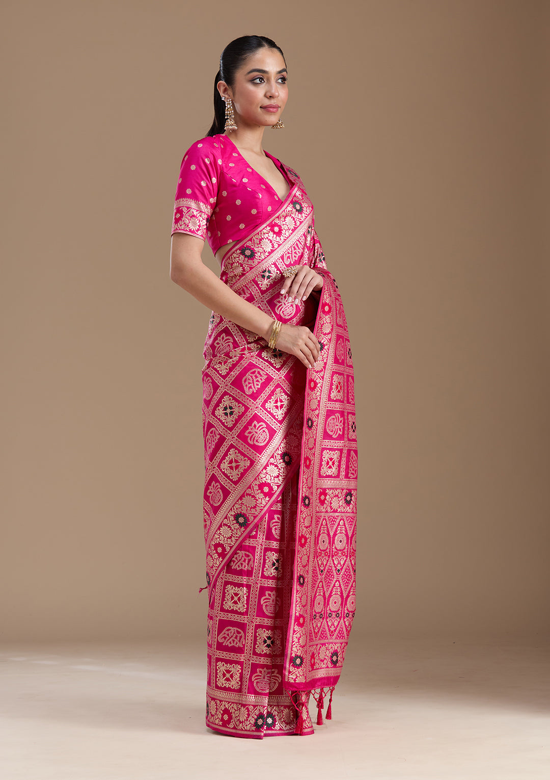 Magenta Pink Silk Jaal Saree With Matching Blouse Piece