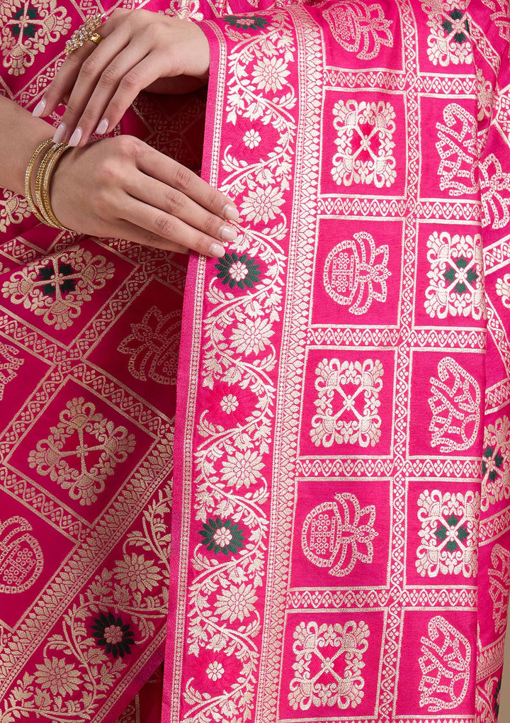 Magenta Pink Silk Jaal Saree With Matching Blouse Piece